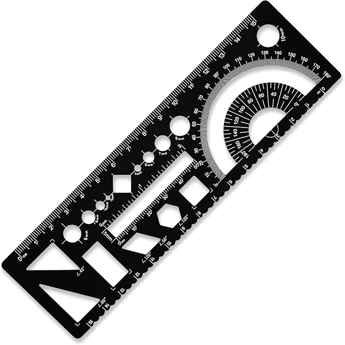 Multi-Purpose Drafting Template, Metal Geometry Ruler Set, Circle Drawing Template with Laser etcted Scale (Black)