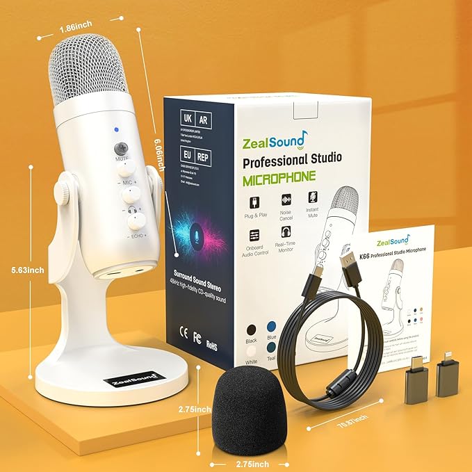 ZealSound USB Microphone,Quick Mute Noise Cancel for Phone Computer PC PS5,Gaming Microphone with Gain Control,Echo Monitor Volume Adjust for Streaming Vocal Recording ASMR Podcast Video K66 White
