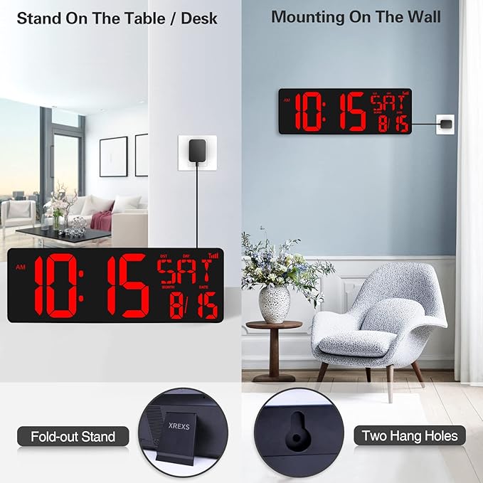 XREXS Large Digital Wall Clock WiFi Sync, 16.5 in Large Display Wall Clock with Temperature/Date/Week, LED Big Digital Timer Clock with Remote Control, Alarm Clock for Home and Office, Auto-dimming