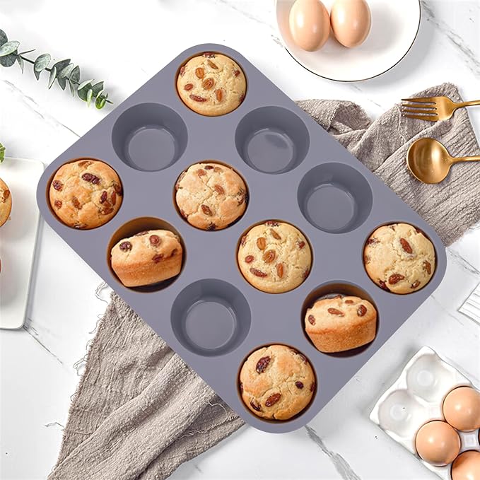 Baocuan 3 Pack 12 Cups Silicone Muffin Pan,Nonstick Regular Silicone Cupcake Pan, For Making Muffin Cakes, Tart and Bread