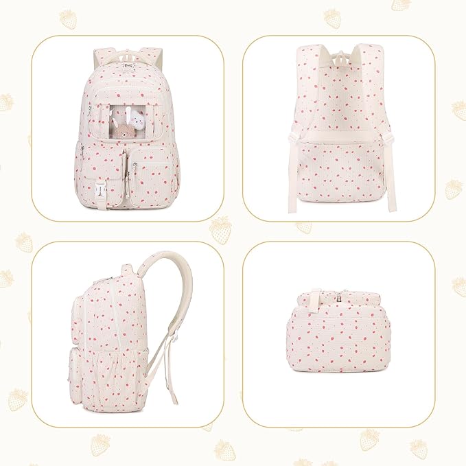 Corduroy Backpack Kids Backpack for Girls School Bags for Middle School Students Book Bag for Elementary Primary Kawaii Ita Backpack, Beige Strawberry