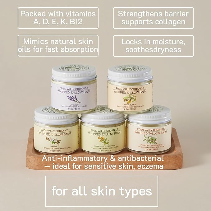 100% Grass-Fed Beef Tallow Whipped Moisturizer – Organic Cocoa Butter & Olive Oil Body Butter – Natural Cocoa Scented Skincare with Vitamins A, D, E, K – Face, Body, Baby, Eczema Relief, 2 fl oz