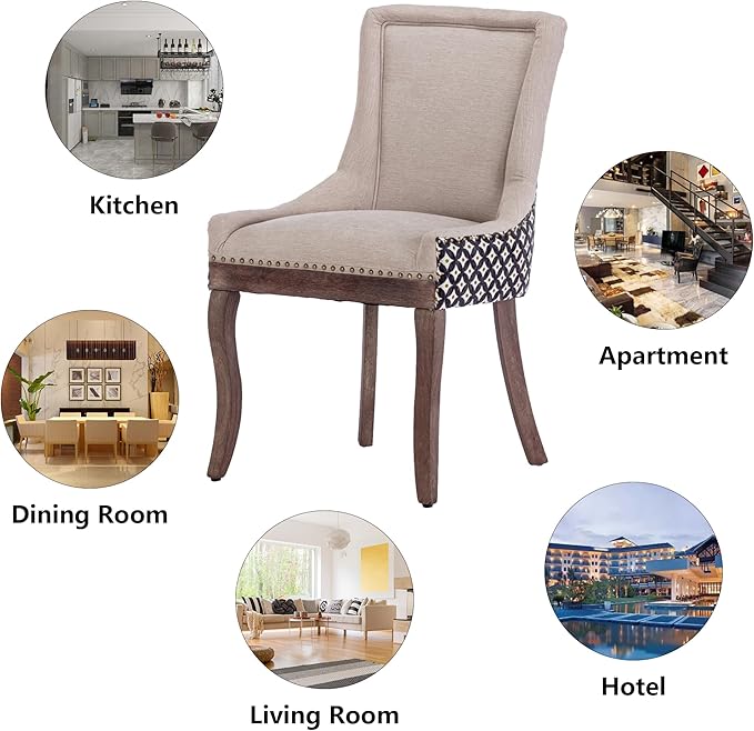 Farmhouse Dining Chairs Set of 4, Upholstered Fabric Dining Room Accent Chairs with Wood Legs & Bronze Nailhead, High Wingback Kitchen Chairs for Living Room Hotel Apartment, Beige Patterned