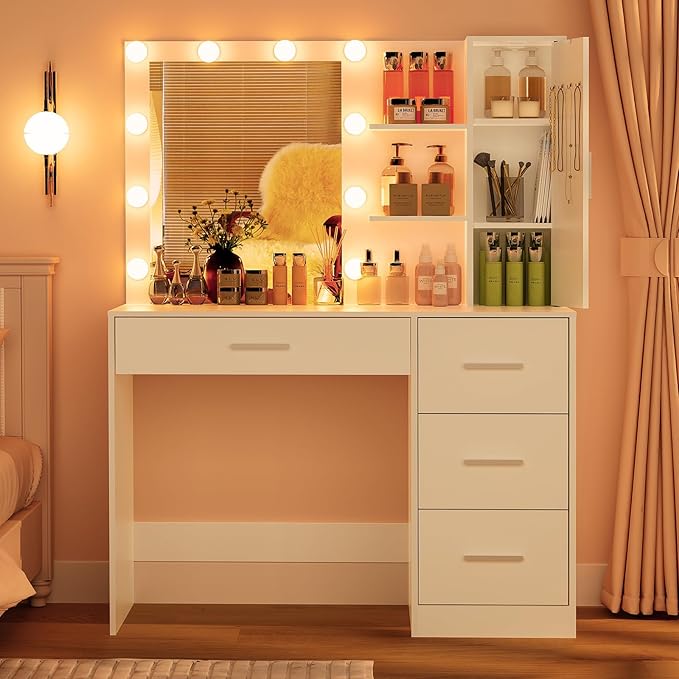 usikey Makeup Vanity with Lights, Vanity Desk with Mirror and 10 LED Lights, Vanity Table Set with 4 Drawers, Cabinet & 4 Necklace Hooks, Dressing Table for Bedroom, White