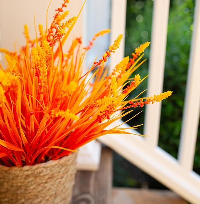 Artificial Fall Fake Outdoor Plants Flowers for Autumn Decoration,10 Bundles Faux Plastic Tall Monkey Grass Greenery UV Resistant Realistic for Home Outside Planter Window Porch Patio Garden (Orange)