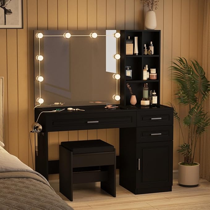 Fameill Vanity Desk with Lighted Mirror & Power Strip,Large Vanity Table with Glass top and Lots Storage,3 Drawer Makeup Desk with Hair Dryer Stand,3 Lighting Modes,Black