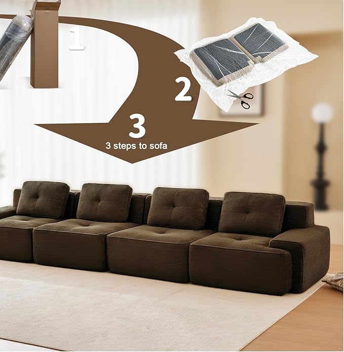 150" Modern Corduroy Cloud Sofa, Boneless Modular Large Sectional Couches for Living Room, Brown 4 Seater Compressed Memory Foam Couch, Extra Deep Seat, No Assembly