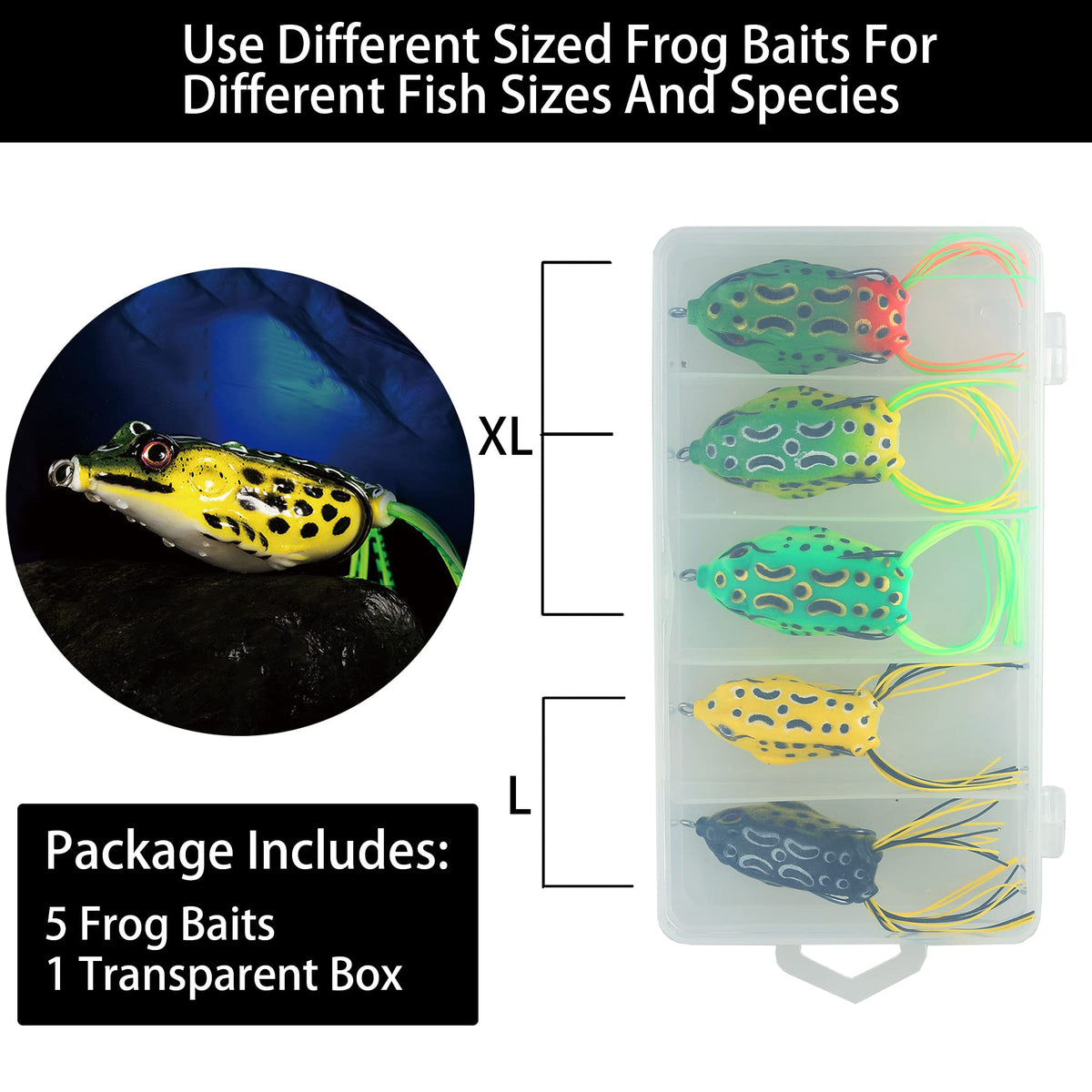 5PCS Topwater Frog Lures Set with Box, Realistic Soft Hollow Body Fishing Lures for Bass Snakehead Pike Bowfin, Weedless Freshwater Simulated Frog Baits