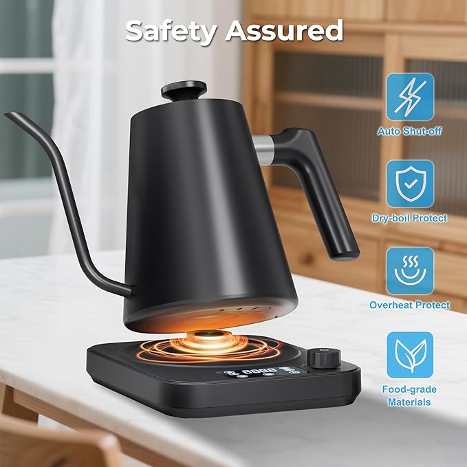 AGORVIO Gooseneck Electric Kettle, ±1°F Temperature Control Electric Kettle, 1.0L 1200W Fast Heating, 24H Keep Warm, 30Min Auto Memory, Food Grade Stainless Steel, Pour Over Kettle for Coffee and Tea