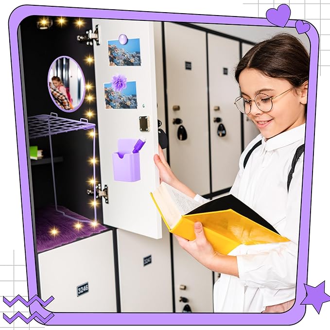 Patelai 11 Pcs Locker Accessories Kit Included Locker Shelf Magnetic Mirror Pen Holder Whiteboard Marker Faux Fur Rug Light String and Magnet for Back to School Essentials (Purple)