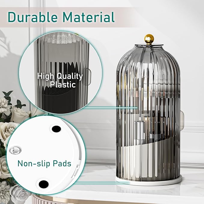GAXmi Makeup Brush Holder with Lid Cosmetic Tools Organizer 360 Rotating Waterproof Dustproof Makeup Brushes Storage for Vanity, Grey