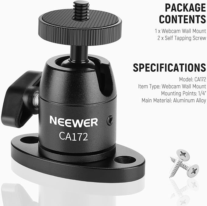 NEEWER Webcam Wall Ceiling Mount Bracket, Aluminum Alloy Mini Ball Head & 1/4" Screw for Photo Studio Photography Video Recording Action Camera Accessories, 360° Rotation & 90° Tilt, CA172