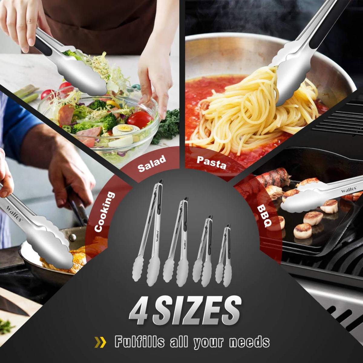 Walfos Stainless Steel Kitchen Tongs for Cooking, BBQ - 7 ,9, 12 and 14 Inch,Set of 4 Heavy Duty Locking Metal Food Tongs Non-Slip Grip