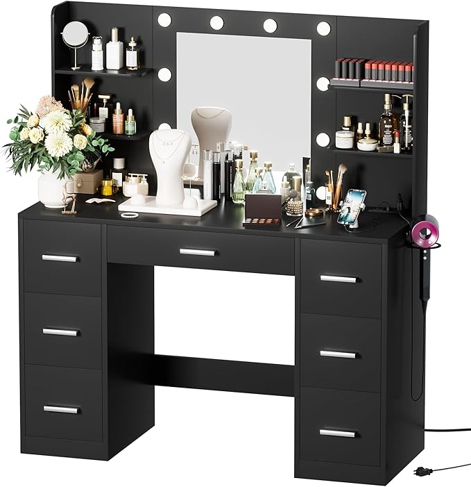 VICTONE Vanity Desk with LED Lighted Mirror&Power Outlet, 3 Model Lights Makeup Vanity Table with 7 Drawers and 6 Storage Shelves for Bedroom and Dressing Room (Black)