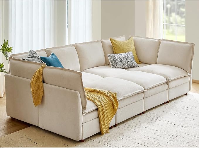 HULALA HOME Oversized Modular Sectional Sofa with Dual-Layered Cushions, 8 Seater Sleeper Sofa with Storage Ottoman and Removable Cover, Modern Deep Seat Cloud Couch for Living Room, Beige