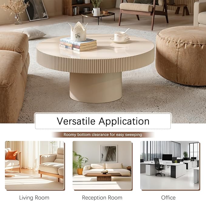 30.71" Round Drum Coffee Tables Modern Handcraft Drum Coffee Table Circle Coffee Table with Sturdy Pedestal, Fluted Wood Coffee Tables Accent End Table for Living Room Apartment,White