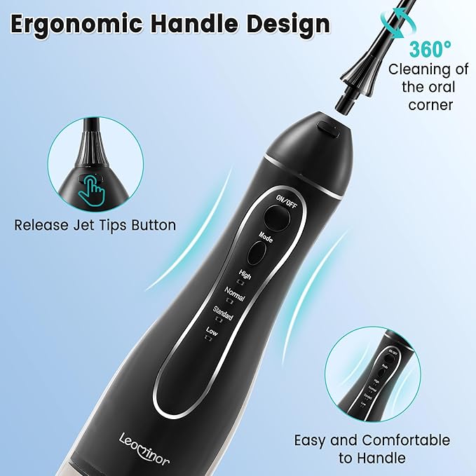 Leominor Water Flosser Pick for Teeth, 300ML Portable Oral Irrigator Upgraded Tank Removable,IPX7 Waterproof, Rechargeable Travel Teeth Cleaner, Professional Electric Flossing Machine (Black)