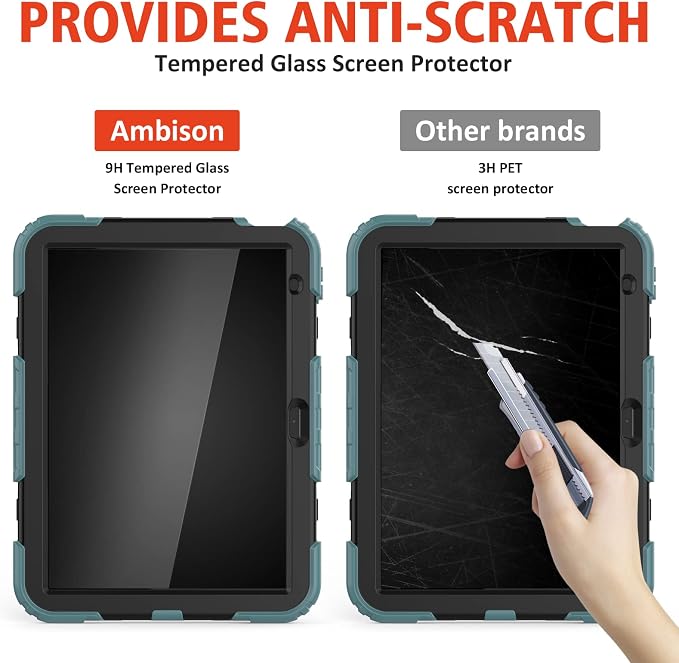 Ambison Case for iPad (A16) 11th/10th Generation 11''/10.9'' Black | Hand Strap 9H Tempered Glass Screen Protector Rotating Stand Shoulder Strap Heavy Duty Shockproof Pencil Holder