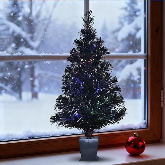 32inch Pre Lit Fiber Optic Christmas Tree,Small Christmas Tree with Lights,Mini Tabletop Christmas Trees,Starry Sky Xmas Tree for Home,Office,Party Decoration,Indoor,Outdoor (Black)