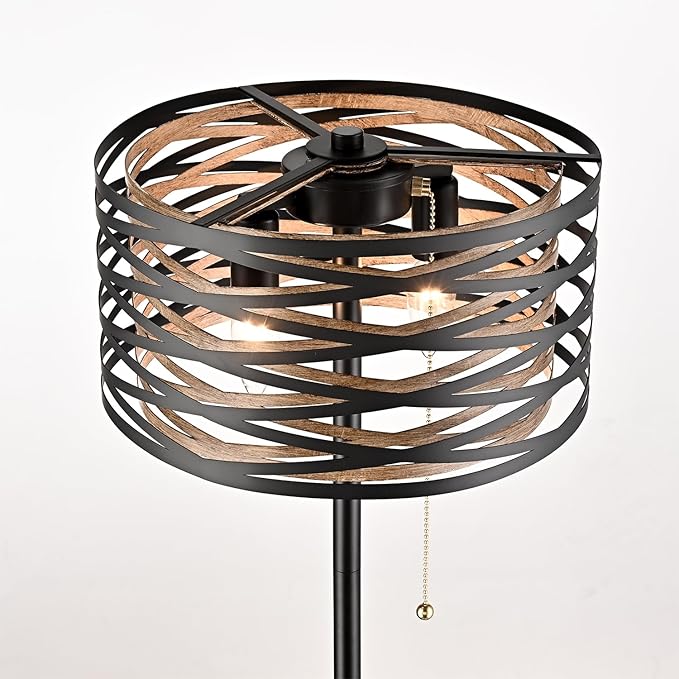 Farmhouse Black 2-Light Floor Lamp Metal Structure Wood Grain Shade with Pull Chain Switch, Perfect for Living Room, Bedroom, Reading Room