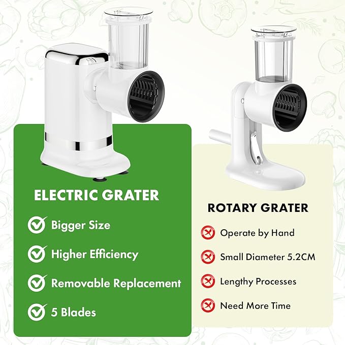 GVODE 5-in-1 Electric Cheese Grater and Vegetable Slicer, White