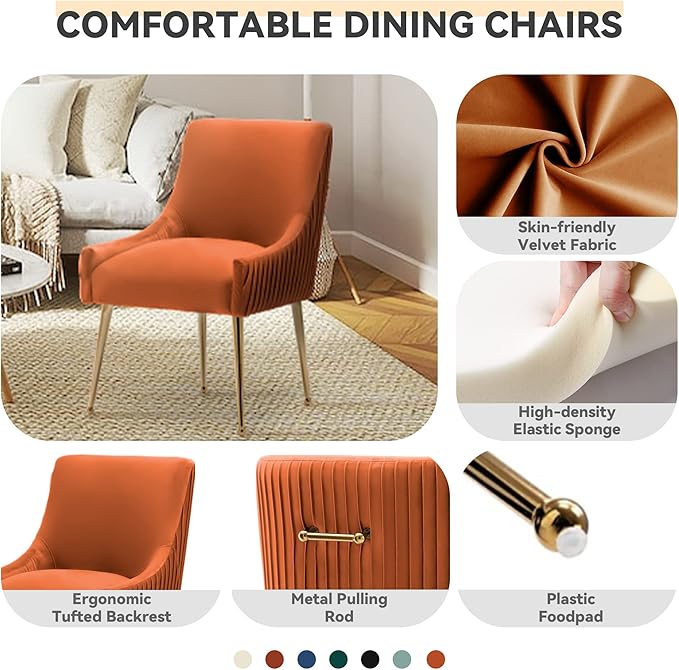 Dining Chairs, Accent Chairs Set of 2, Modern Upholstered Kitchen Dining Room Chairs with Gold Legs, Fabric Tufted Velvet Living Room Chairs for Reception Room Bedroom Guest Room (Orange)