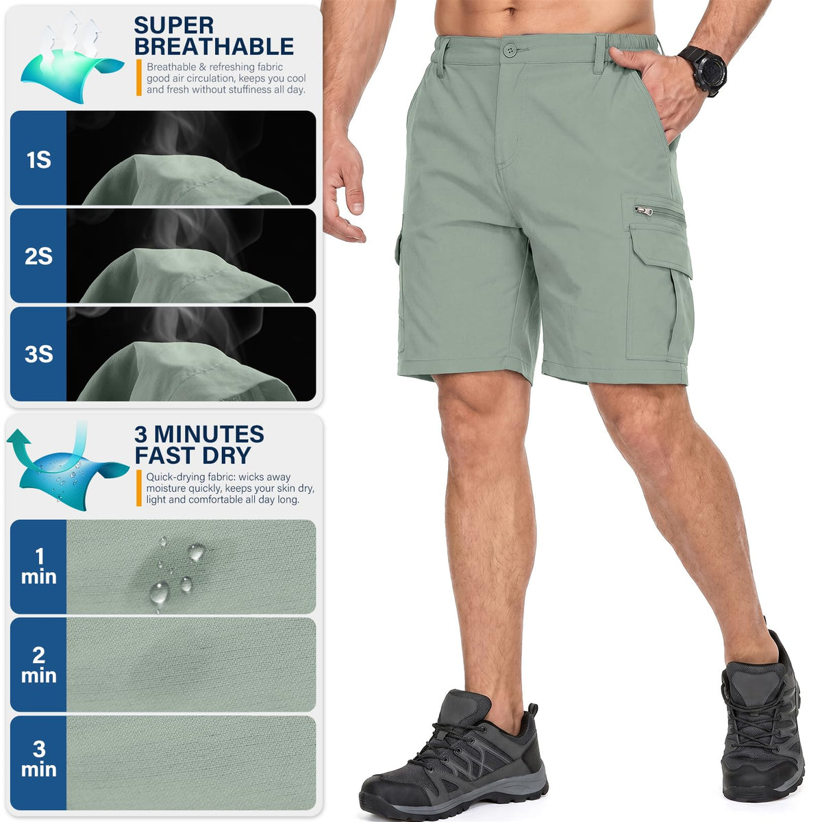 Jessie Kidden Mens Outdoor Casual Expandable Waist Lightweight Water Resistant Quick Dry Fishing Hiking Shorts (6222 Green Sage 34)