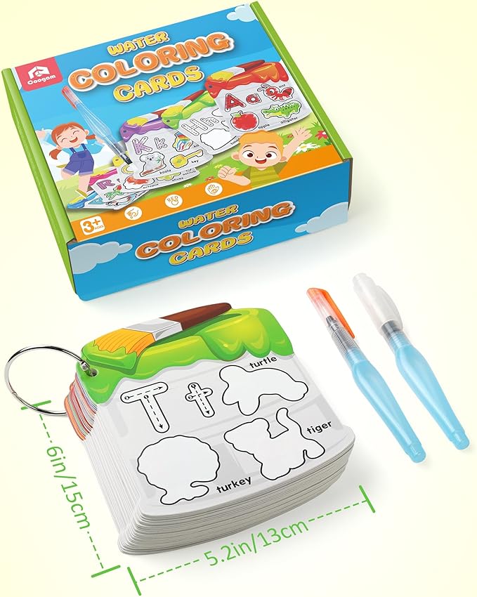 Coogam Water Painting Cards with Learning Alphabet, Reusable Aqua Painting Doddle Vocabulary Flash Cards, ABC Words Learning Educational Montessori Toy Gift for 3 4 5 Year Old Kids