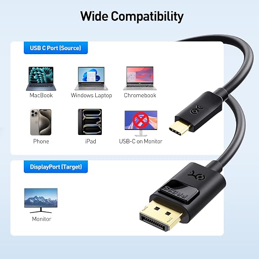 Cable Matters Unidirectional USB C to DisplayPort 1.4 Cable 10ft | 8K@60Hz / 4K@240Hz Not for Portable USB C Monitors Thunderbolt 4 to DisplayPort Cable