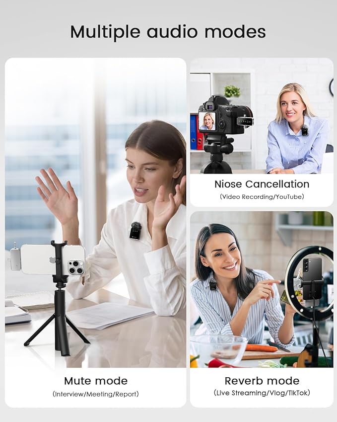 PQRQP 3 in 1 Mini Microphone for iPhone, Android, Camera | 328ft Range & 18H Battery | Noise-Canceling Mini Mic for Interviews, Content Creation, TikTok (Metallic Silver)
