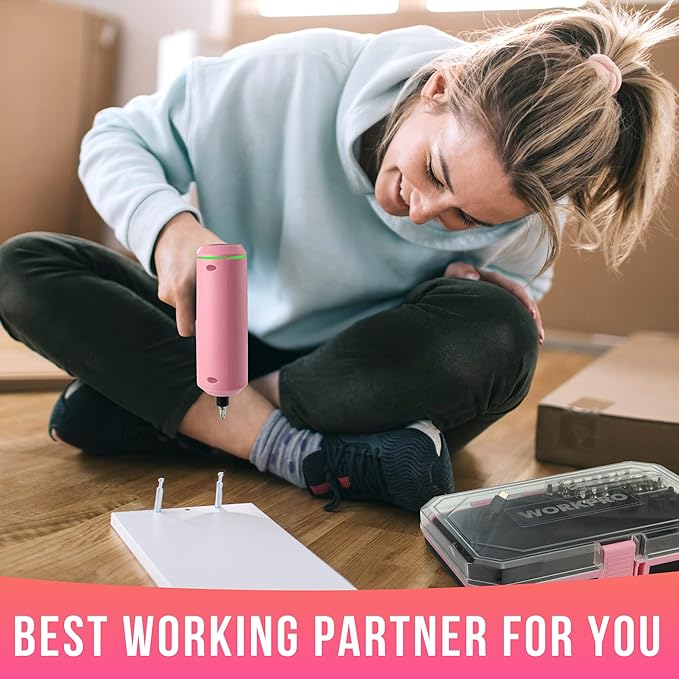WORKPRO Electric Cordless Screwdriver Set, 4V USB Rechargeable Lithium-ion Battery Power Screwdriver Kit with LED Light, Screw Gun with 28pcs Accessories for Home, Office, Apartment Repair - Pink