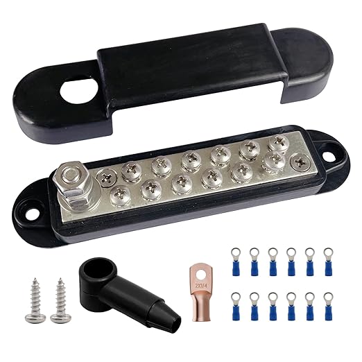 1/4" Stud Power Distribution Block Bus Bar with 12 x #8 Screws, Ampper 5.3" 12V 150A Marine BusBar Battery Distribution Block Kit W/Cover for Car Boat Solar (Black)