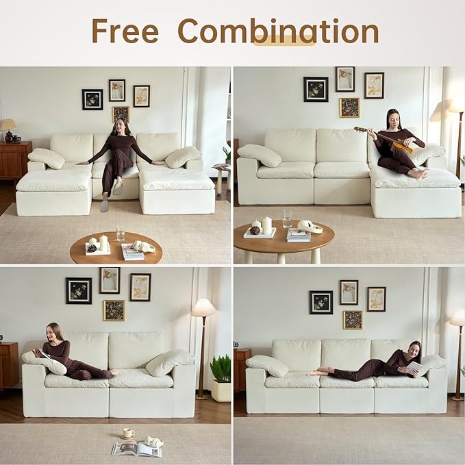 ANONER 108" Cloud Sectional Couches for Living Room, U Shaped Boneless Couch with 2 Ottomans, Deep Sleeper Sofa Chenille Touch Furniture Cloud Couch, White Beige