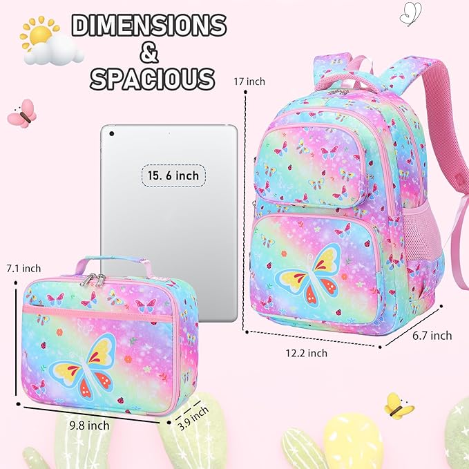Girls Backpack with Lunch Box Glow in Dark Butterfly Bookbag Teens Ages 4-12 Kindergarten Elementary Middle School Butterfly Backpack, Luminous Butterfly Rainbow