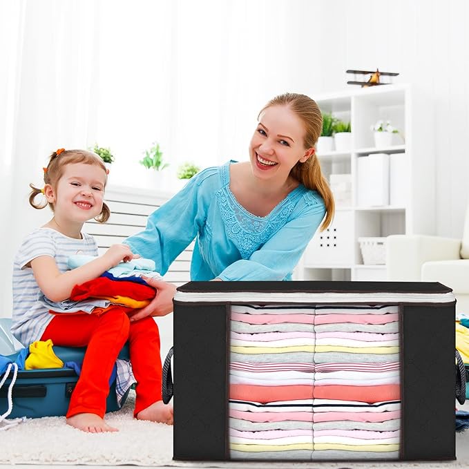 Large Storage Bags, 8 Pack Clothes Storage Bins Foldable Closet Organizers Storage Containers with Durable Handles Thick Fabric for Blanket Comforter Clothing Bedding 90 L (Black)