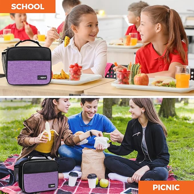 opux Insulated Lunch Bag Kids, Lunch Box for School Boy Girl, Leakproof Small Reusable Compact Soft Mini Cooler Bag, Toddler Small Lunch Boxes Kit Pail with Front Side Pockets (Purple)