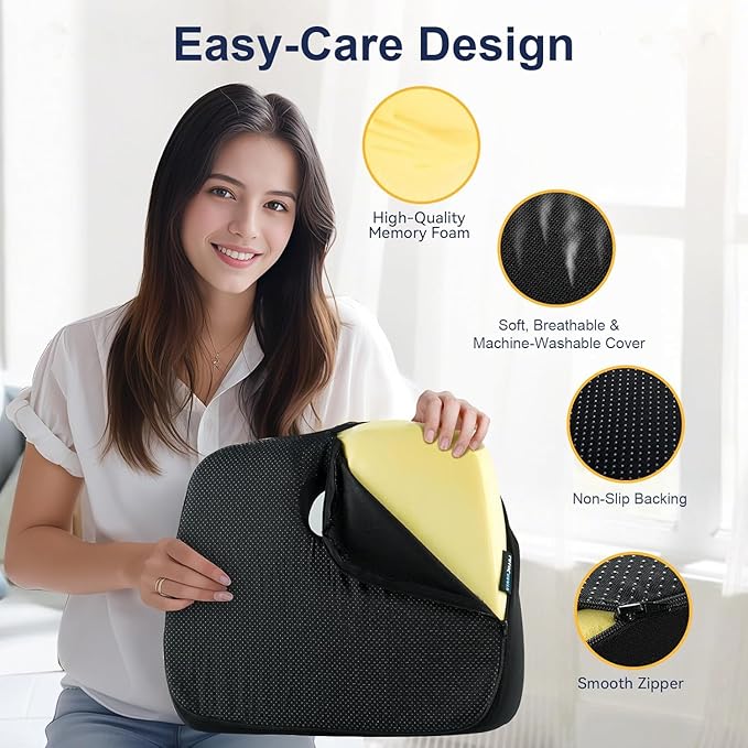 Ergonomic Memory Foam Seat Cushion for Tailbone Pain Relief –Office Chair Cushion for Coccyx, Sciatica & Pressure Relief –Large Chair Cushions for Car Seat, Wheelchair – Washable Non-Slip Cover