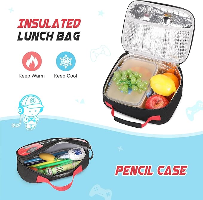 Bevalsa Backpack for School Boys, Cool Luminous Gamer Boys Backpack with Lunch Box & Pencil Pouch Set for Kids Children Teens Elementary Middle Schools, Schoolbag Bookbag Glow In The Dark (Red)