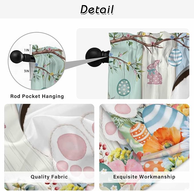 Easter Kitchen Tier Curtains 45 Inch Long 2 Panel Set, Rod Pocket Short Window