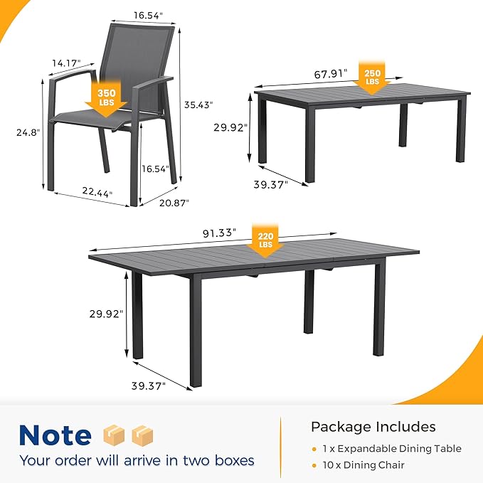 11 Piece Aluminum Outdoor Patio Dining Sets with Fully Assembled Dining Chair,91.3"L×39.4"W Expandable Patio Table and Chairs Set for 10, Stackable Chairs with Quick Drying Fabric, Grey