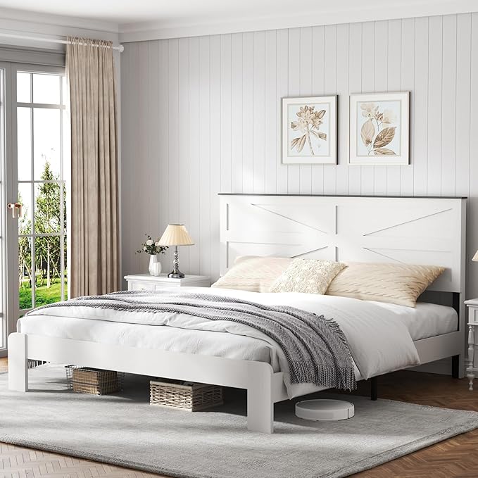 Wooden Bed Frame King Size with Headboard, Farmhouse Platform Bedframe with Wood Slat Support, Sturdy Framework Bed Frame, Easy Assembly (Rustic White)