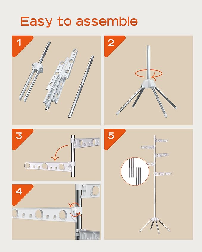 Clothes Drying Rack Foldable, 70.9 inch Tripod Drying Rack for 35 Pieces of Clothes, with Height-Adjustable Rotatable Clothes Rails, Space Saving, Stainless Steel, White and Silver CDR005W01