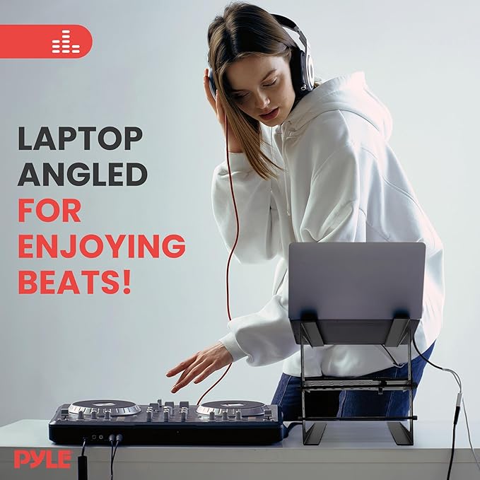 Pyle DJ Laptop Stand with Storage Shelf, Portable Adjustable Computer Stand for Laptop, Height Adjustable Laptop Floor Stand for DJ Booth, Studio, Live Events, and Home Use