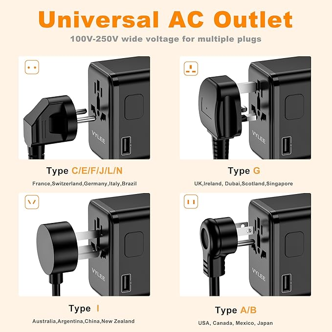Universal Travel Adapter, VYLEE 70W International Plug Adapter with PD Fast Charging, 5-Port (1 AC/1 USB-A/3 USB-C), Wall Charger Worldwide Travel Essentials Plug for USA EU UK AUS Japan (Black)