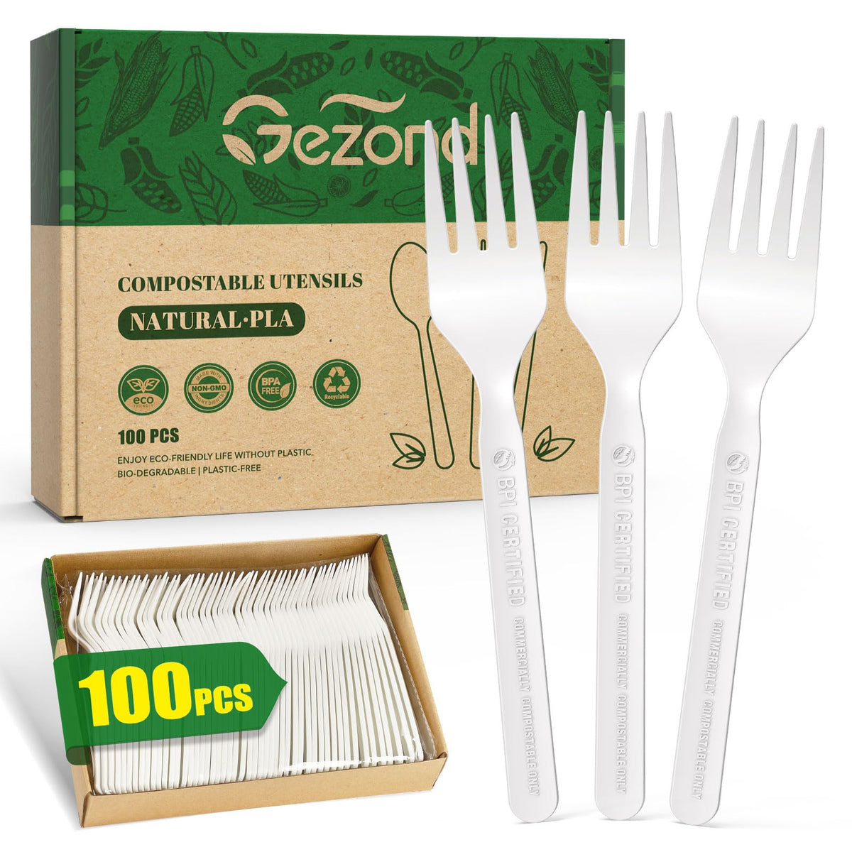 Gezond 150 Count 100% Compostable Cutlery Set, Forks Spoons Knives PLA Disposable Cutlery Set, No Plastic Biodegradable Eco-Friendly Utensils Suitable for Party Picnic Office Everyday Use
