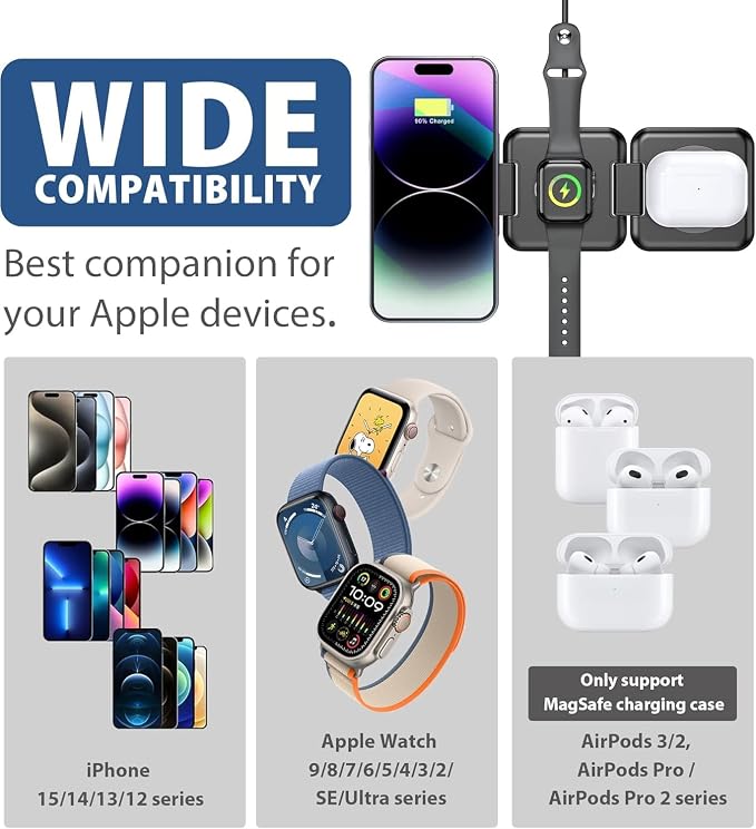 3 in 1 Foldable Magnetic Wireless Charging Station Compatible with iPhone Apple Watch and Air pods Portable Travel Charger Black