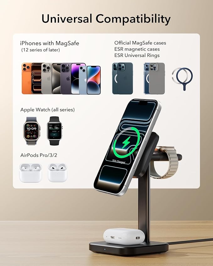 ESR for 3 in 1 Wireless Charging Station, Certified Apple Watch Charger, 15W MagSafe Charger Stand for iPhone, Wireless Charger for Multiple Devices iPhone 17/16/15/14/13, Watch, AirPods, Black