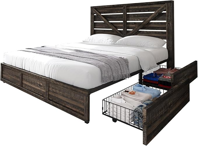 AMERLIFE Full Size Farmhouse Bed Frame with 4 Drawers, Wooden Storage Bed Frame with Headboard and Heavy Duty Metal Slats, Noisy Free, Easy Assemble, Rustic Black