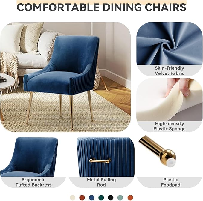 Dining Chairs, Accent Chairs Set of 8, Modern Upholstered Kitchen Dining Chairs with Gold Legs, Fabric Tufted Velvet Living Room Chairs for Reception Room Bedroom Kitchen(Navy Blue)