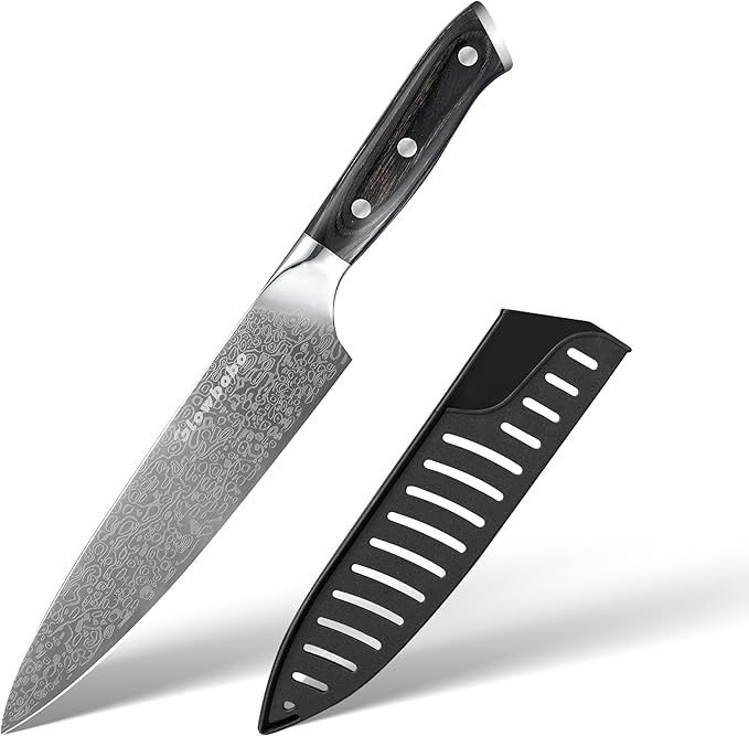Glowbobo 8 Inch Chef's Knife, High Carbon Stainless Steel Kitchen Knife with Sharpener & Finger Guard, Professional Sharp Cooking Knife for Home & Meat Cutting, with Ergonomic wood Handle and Gift Box